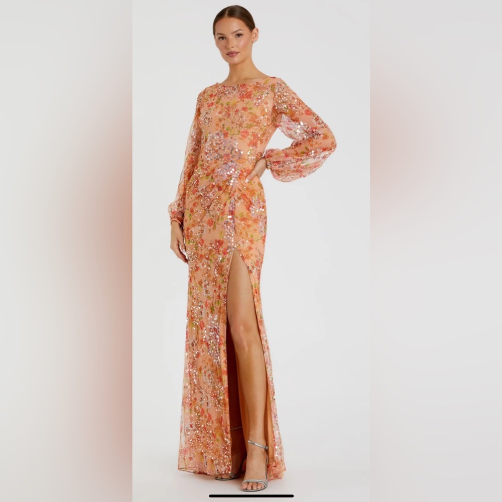 Mac Duggal Peach Floral Sequin Gown with High Slit